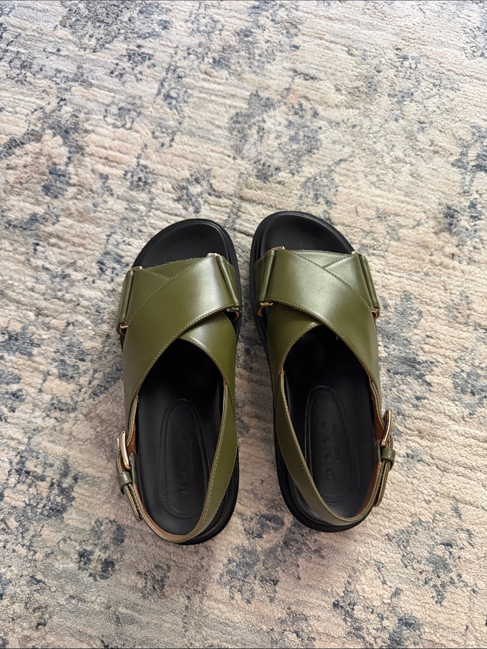 Marni Olive Green Cross-Strap Leather Sandals